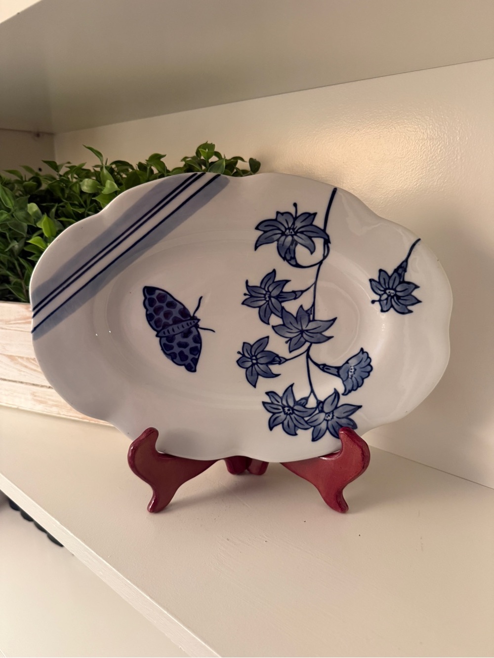 Creative Co-Op Blue & White Botanical Butterfly Oval Serving Platter 12”